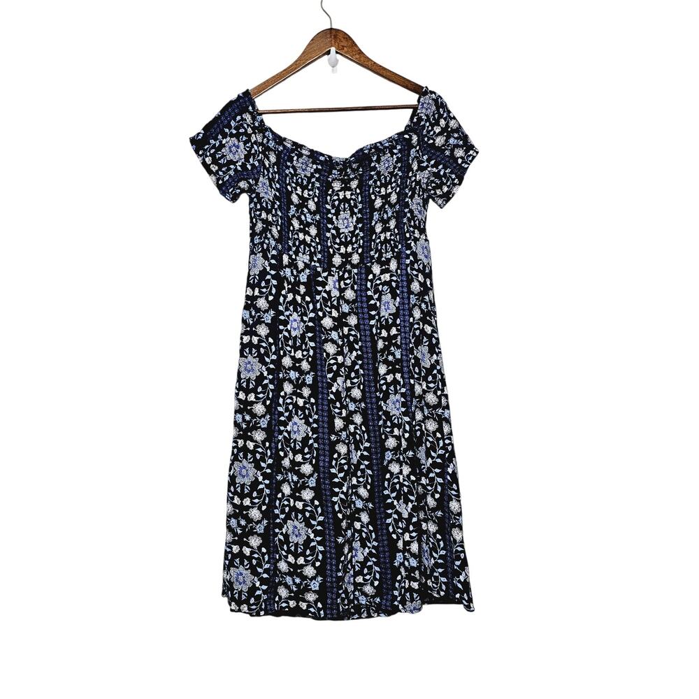 Old Navy Smocked Off-the-Shoulder Slub-Weave Midi Dress Women's Sz L Blue Floral - Picture 5 of 9